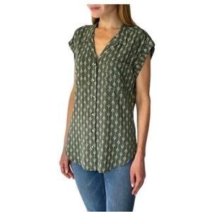 JACHS Girlfriend Womens Small S Button Front Blouse Button Down Top Cuffed Green